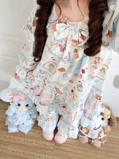 Sweet Dream Bear - Pink Cotton Sleep Dress Set pajama A Cat Blue S