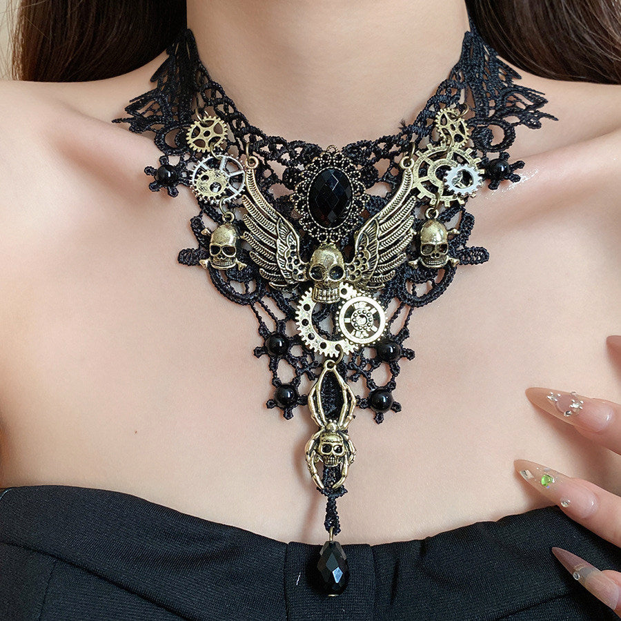 Kiwi Store - Y2K Maximalist Lace Embossed Statement Necklace necklace kiwi store Black