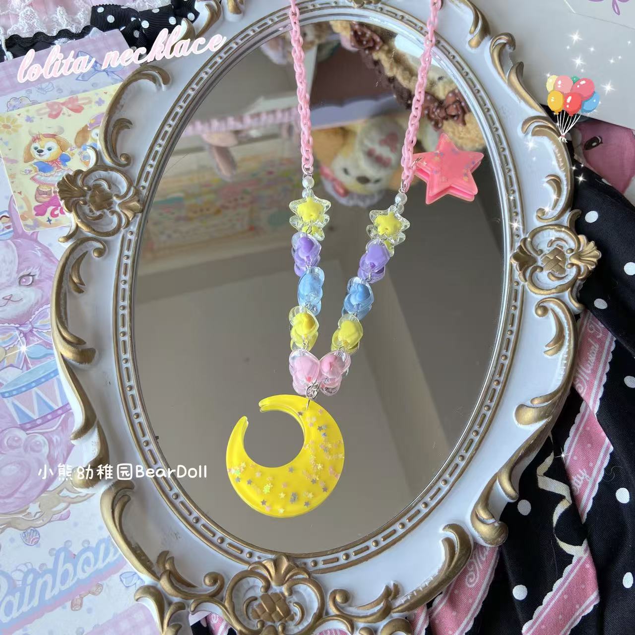 Bear Doll Dopamine Moon Necklace | Kawaii Beaded Sequin Necklace necklace Bear Doll