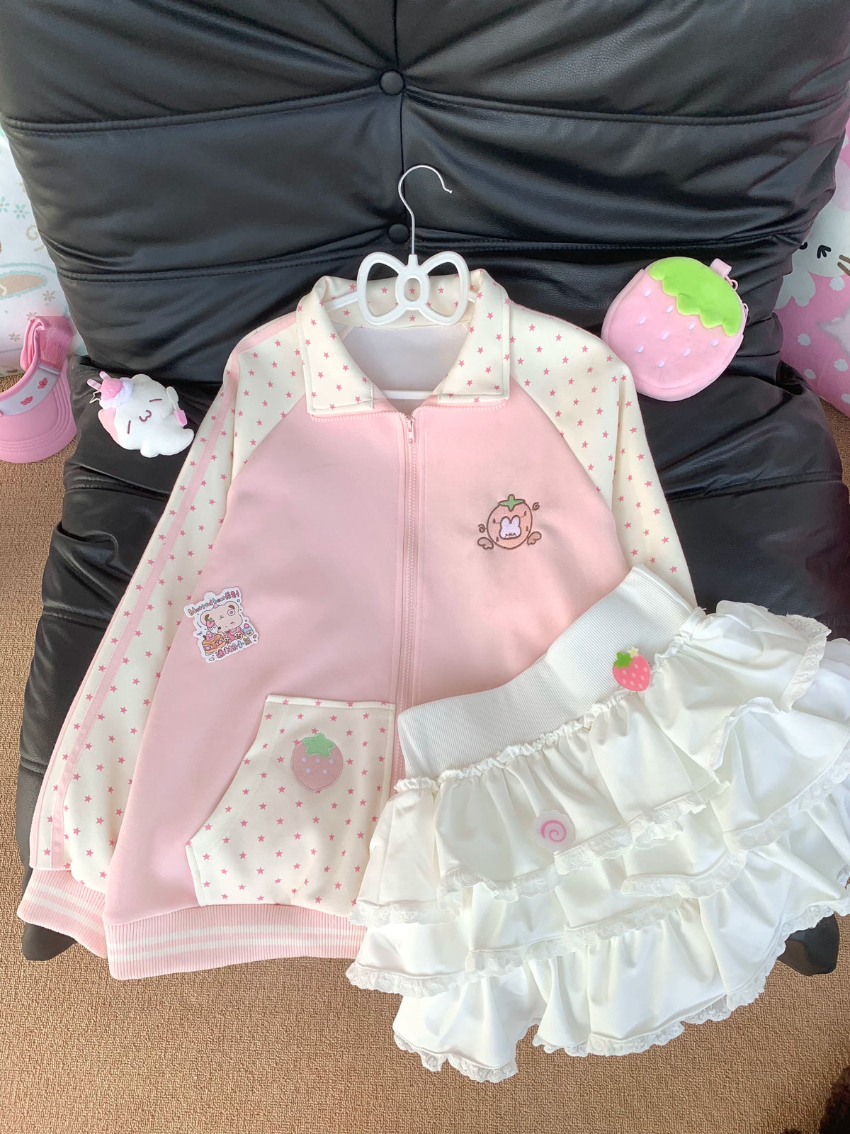 Blurred Bear - Pink Strawberry Long-Sleeve Sweatshirt/Skirt Set jacket Blurred Bear Cake Skirt S