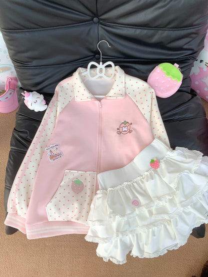 Blurred Bear - Pink Strawberry Long-Sleeve Sweatshirt/Skirt Set jacket Blurred Bear Cake Skirt S