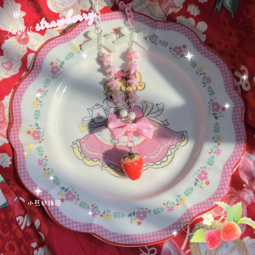 Bear Doll - Kawaii Strawberry Polka Dot Bow Necklace necklace Bear Doll Pink Necklace