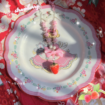 Bear Doll - Kawaii Strawberry Polka Dot Bow Necklace necklace Bear Doll Pink Necklace