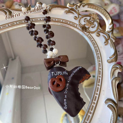Bear Doll - Kawaii Chocolate Coffee Bread Necklace necklace Bear Doll A bite of heart-shaped pastry