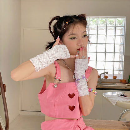 LET ME SEE - Y2K Distressed Fingerless Sun Protection Arm Warmers sleeves let me see Short Version - White