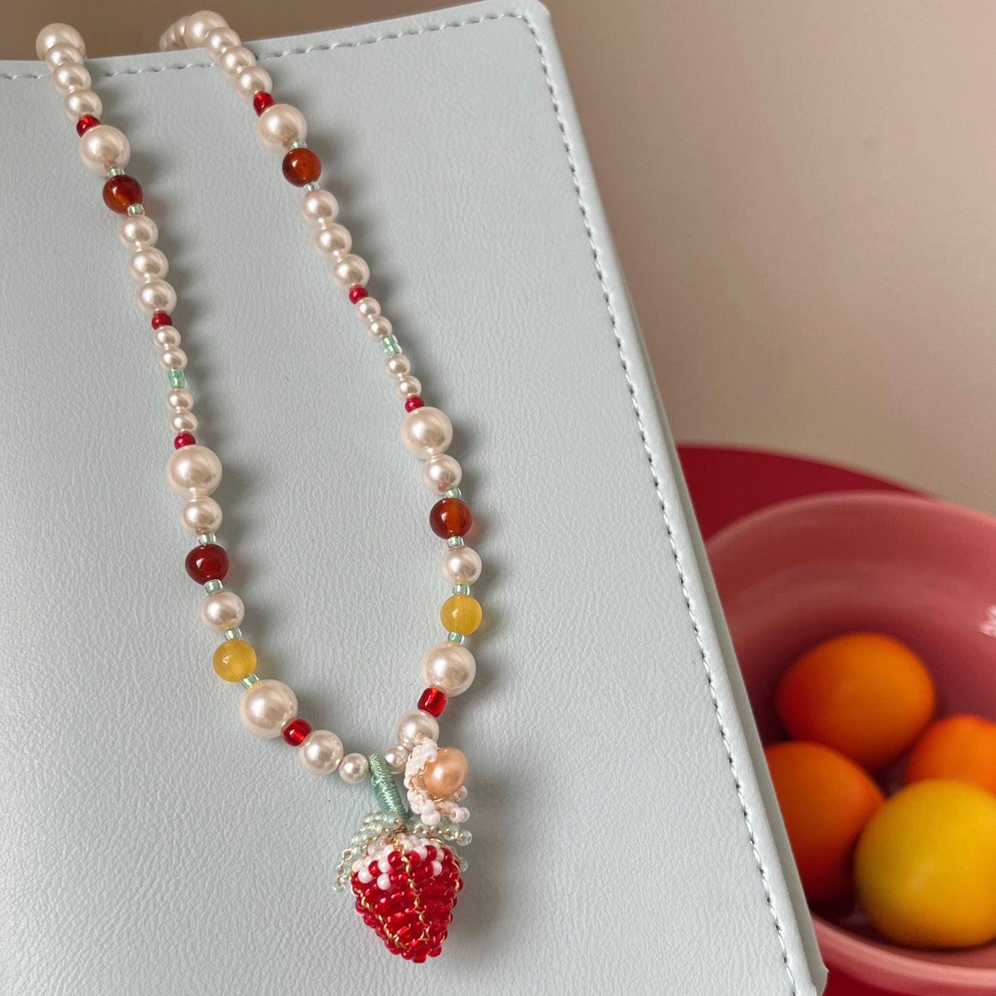 Kiwi Store - Pearl Flower Strawberry Beaded Necklace Keychain necklace kiwi store Red Strawberry Necklace