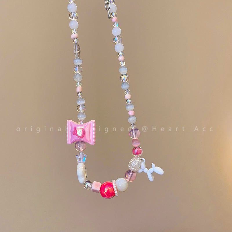 Decora Kei – Strawberry Candy Balloon Dog Bead Necklace necklace Flipped Pink