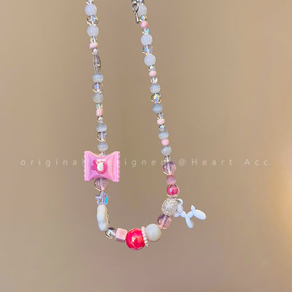 Decora Kei – Strawberry Candy Balloon Dog Bead Necklace necklace Flipped Pink