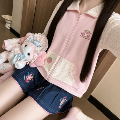 Blurred Bear - Pink Strawberry Long-Sleeve Sweatshirt/Skirt Set jacket Blurred Bear Denim Skirt S