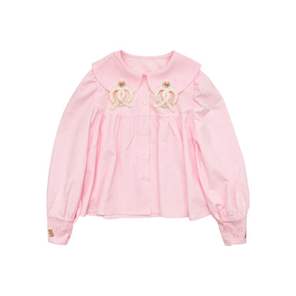 Meugler Two-Tone Mole Alkali Water Knot Embroidery Checkered Doll Collar Long Sleeve/Short Sleeve Shirt shirt Meugler