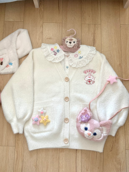 Blurred Bear - Kawaii Embroidered Fuzzy Knit Cardigan cardigan Blurred Bear White Cardigan Only S