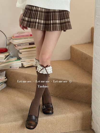 LET ME SEE - Schoolgirl Lace Bow Crew Socks sock let me see Coffee