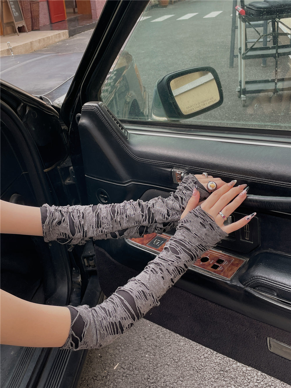 LET ME SEE - Y2K Distressed Fingerless Sun Protection Arm Warmers sleeves let me see Long Version - Grey