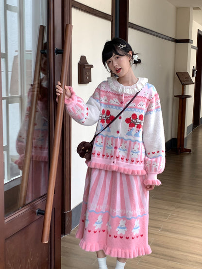Mameya - Kawaii Pink Bunny Knit Cardigan Skirt Set set Mameya Set ( Cardigan + Skirt )