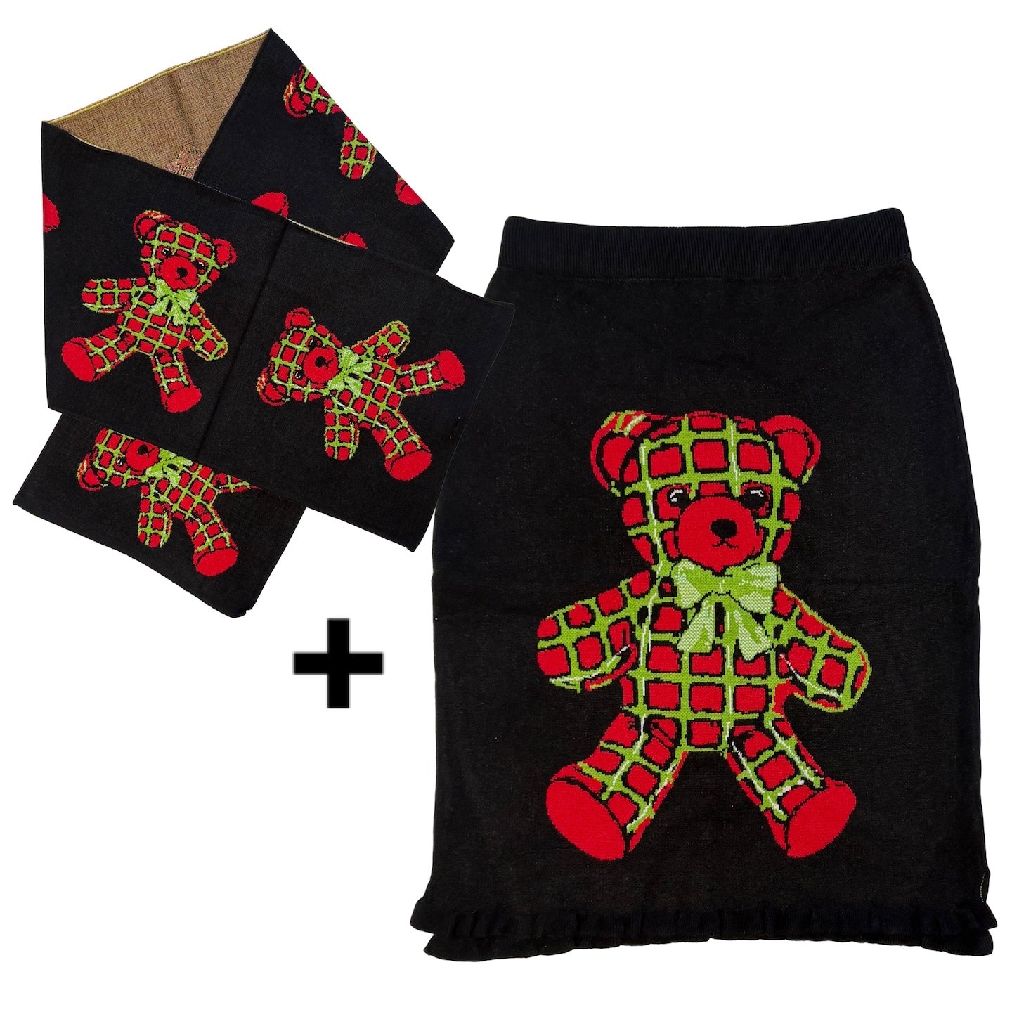 bunnybunnygun - Harajuku Christmas Bear Knit Skirt Scarf Set skirt bunnybunnygun Scarf + Skirt