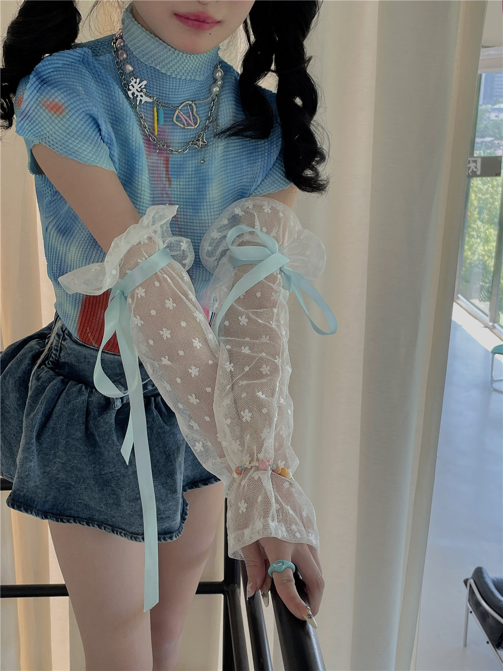 LET ME SEE Lace Arm Sleeves | Floral Ribbon Hand Sleeve sleeves let me see Blue