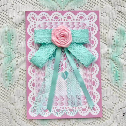 frufru - Vintage Bow Hair Clip Brooch hair clip frufru Mint Green with Pink Rose