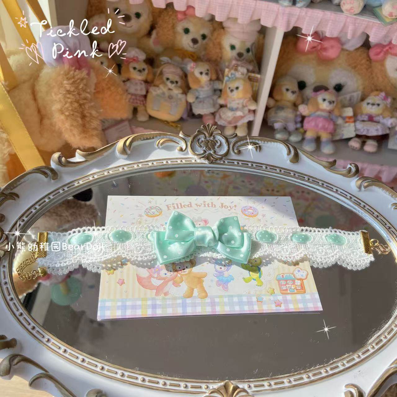Bear Doll - Kawaii Polka Dot Bow Choker necklace Bear Doll Mint Green