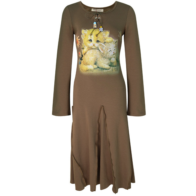 ziziFei - Girly Kei Cat Print Dress dress ziziFei Brown S