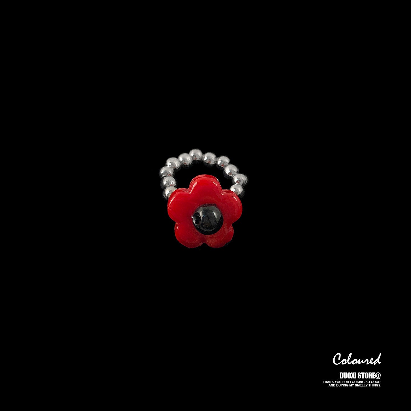 DuoXi - Color Flower Bead Stretch Ring ring DuoXi Red Flower Ring