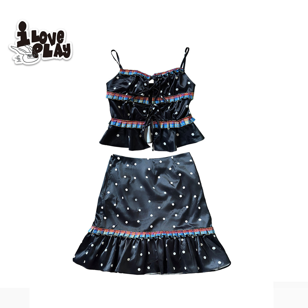 LovePlay – Girly Black Polka Dot Contrast Trim Cami Top & Skirt Set set loveplay