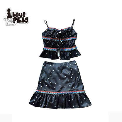 LovePlay – Girly Black Polka Dot Contrast Trim Cami Top & Skirt Set set loveplay