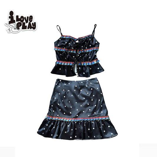 LovePlay – Girly Black Polka Dot Contrast Trim Cami Top & Skirt Set set loveplay