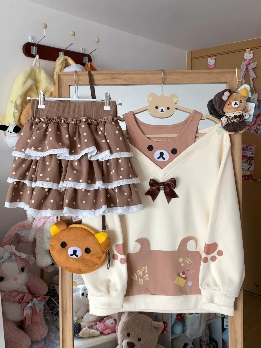 Blurred Bear - Colorblock Sweatshirt & Mini Skirt Set set Blurred Bear Brown Skirt S