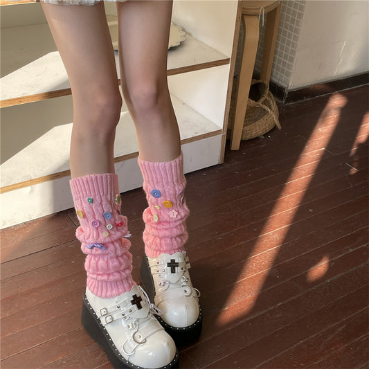 LET ME SEE – Decora Kei Multicolor Cable Knit Buttoned Leg Warmers leg warmmers let me see Pink