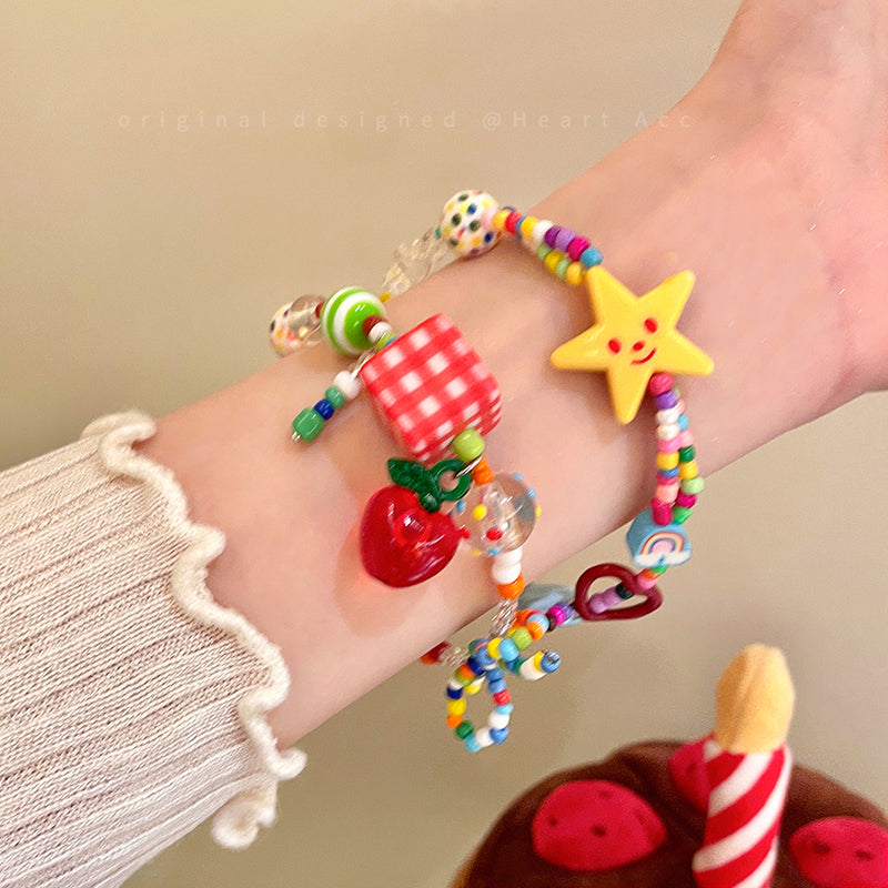 Decora Kei Bracelet – "Apple Star" Beaded bracelet Filpped Colorful Star & Apple's Paradise - 2pcs Set