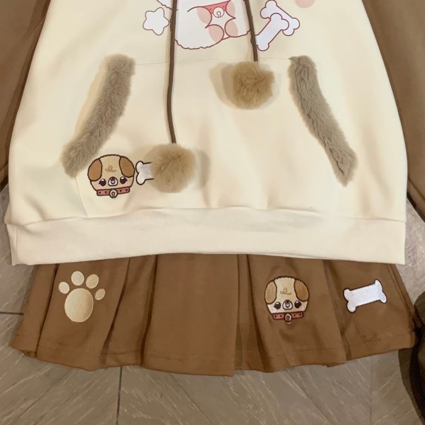 Blurred Bear - Kawaii Colorblock Fleece Hoodie Skirt Set set Blurred Bear Brown Skirt S