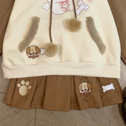 Blurred Bear - Kawaii Colorblock Fleece Hoodie Skirt Set set Blurred Bear Brown Skirt S