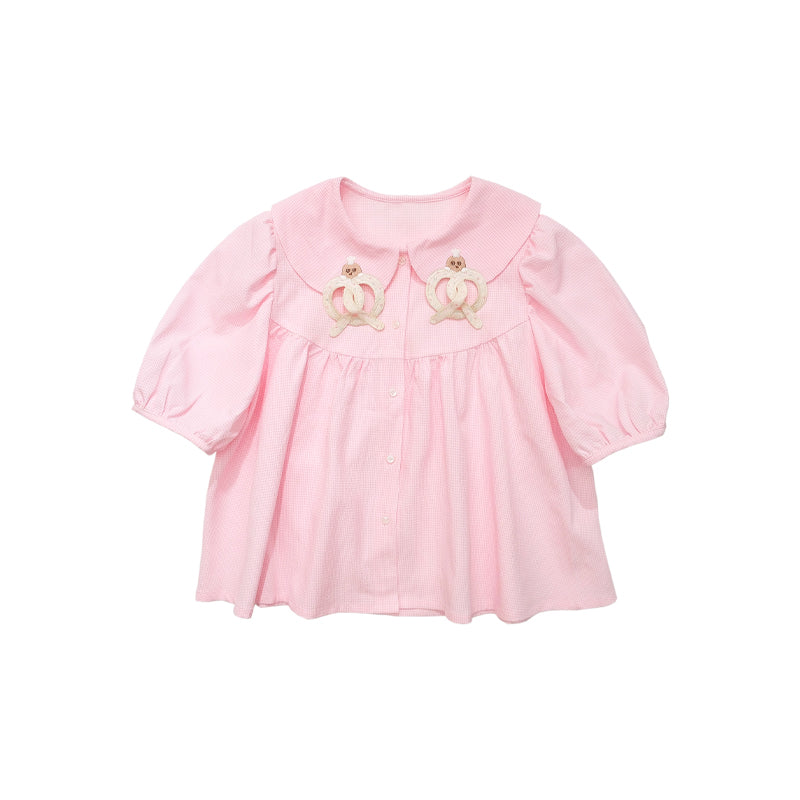 Meugler Two-Tone Mole Alkali Water Knot Embroidery Checkered Doll Collar Long Sleeve/Short Sleeve Shirt shirt Meugler