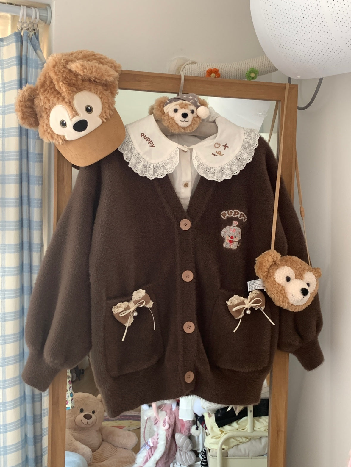 Blurred Bear - Kawaii Embroidered Fuzzy Knit Cardigan cardigan Blurred Bear Brown Cardigan Only S