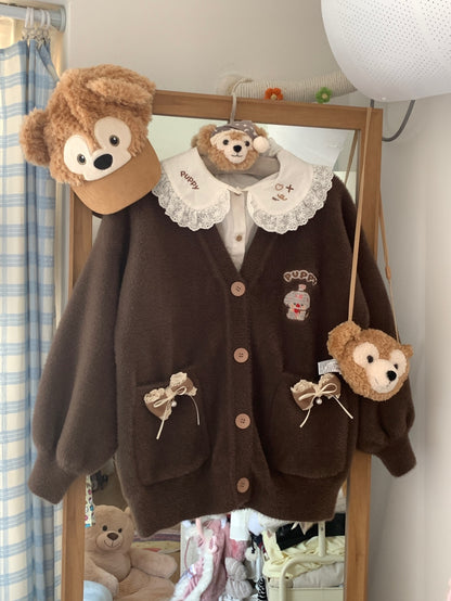 Blurred Bear - Kawaii Embroidered Fuzzy Knit Cardigan cardigan Blurred Bear Brown Cardigan Only S