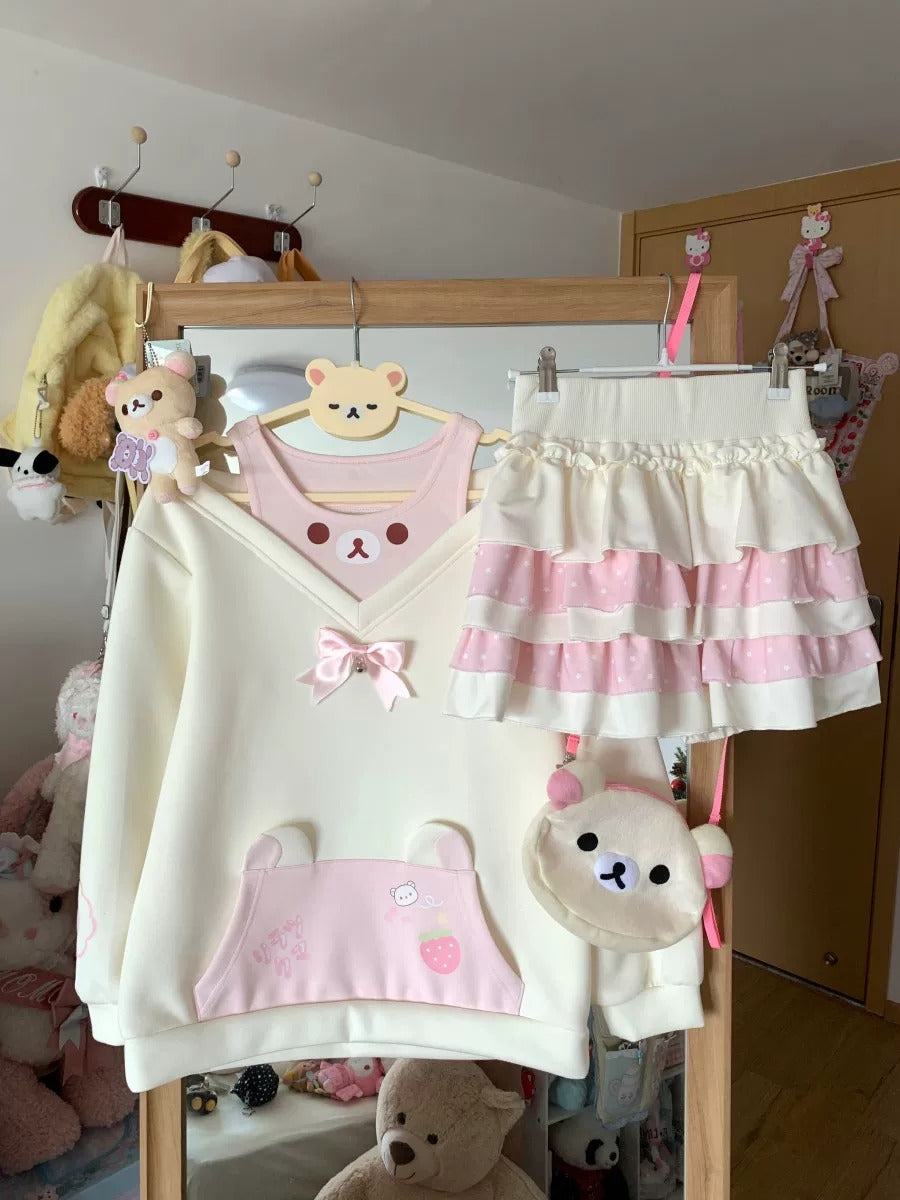 Blurred Bear - Colorblock Sweatshirt & Mini Skirt Set set Blurred Bear Pink Skirt S
