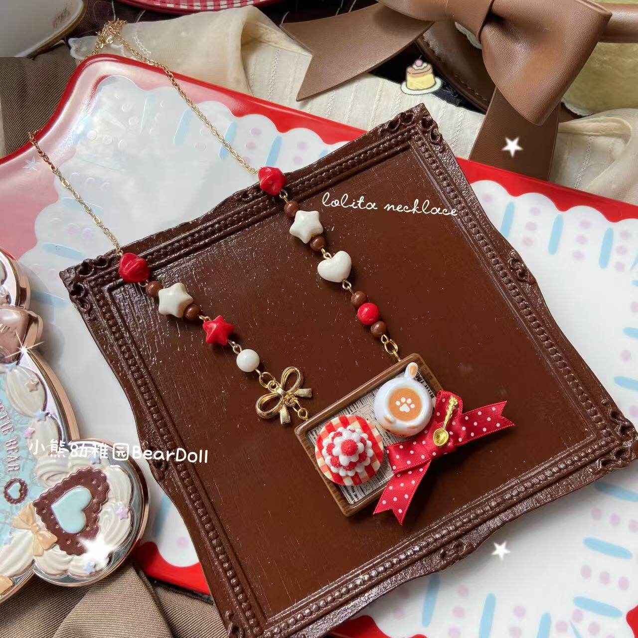 Bear Doll - Dessert Beaded Necklace necklace Bear Doll Strawberry Tart Cat Coffee