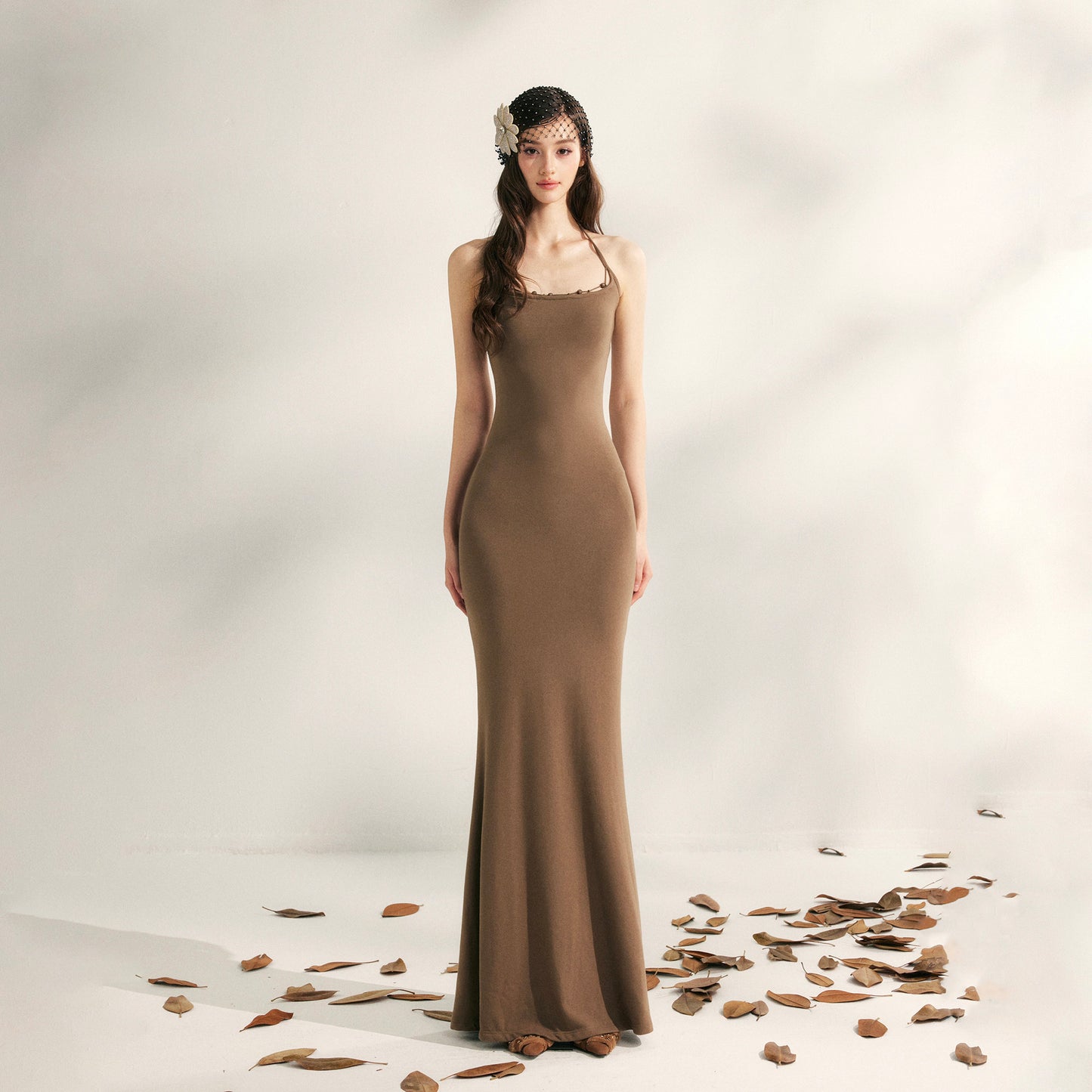 YZZI HE - “Evening Blossom” Halter Mermaid Knit Dress dress YZZI HE Brown S