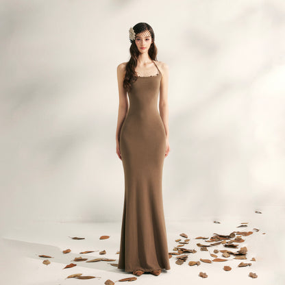 YZZI HE - “Evening Blossom” Halter Mermaid Knit Dress dress YZZI HE Brown S