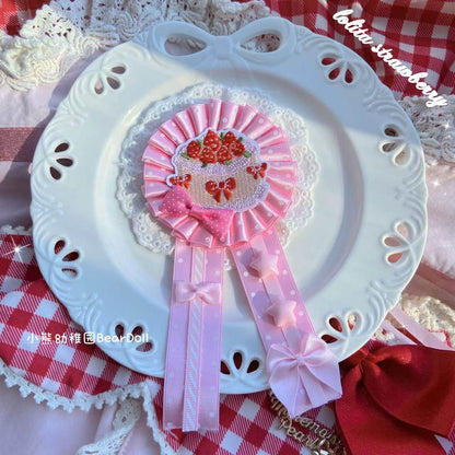 Bear Doll - Kawaii Strawberry Cherry Pin hair clip Bear Doll Pink polka dot cake