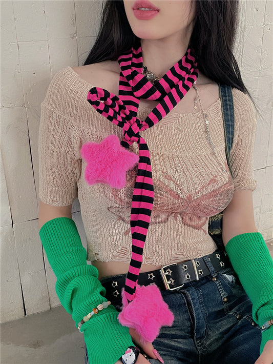 LET ME SEE - Harajuku Punk Striped Skinny Scarf scarf let me see Hot Pink & Black