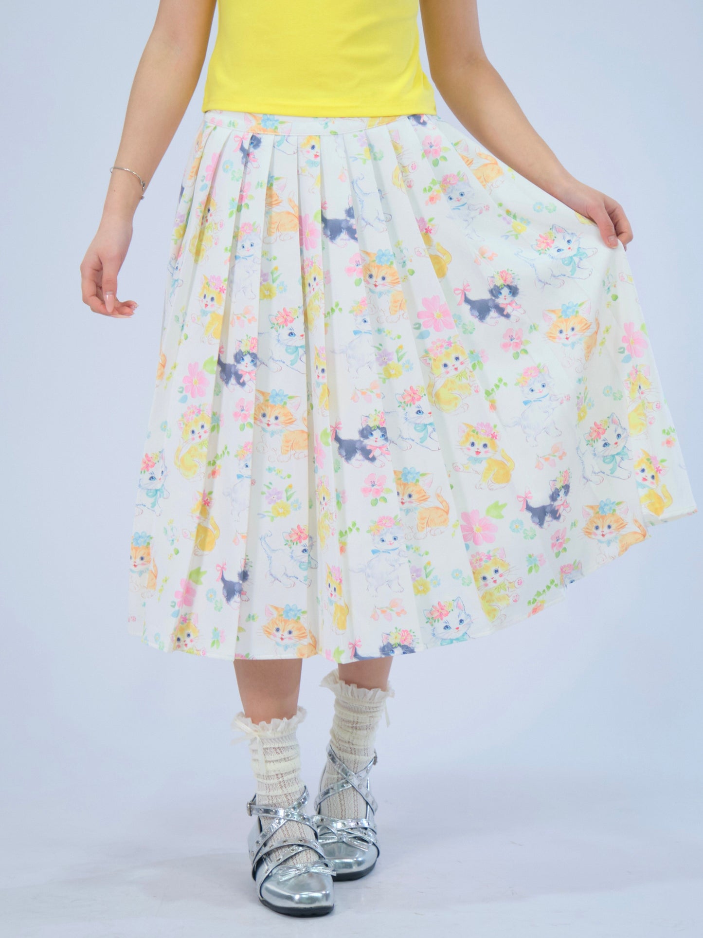 MeowMeow Bug- Kidcore Print Pleated Skirt skirt MeowMeow Bug Angel Garland Cat S