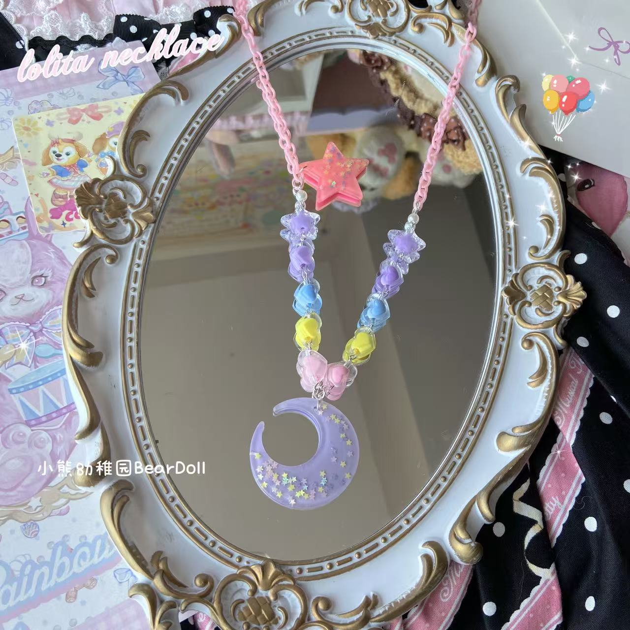 Bear Doll Dopamine Moon Necklace | Kawaii Beaded Sequin Necklace necklace Bear Doll