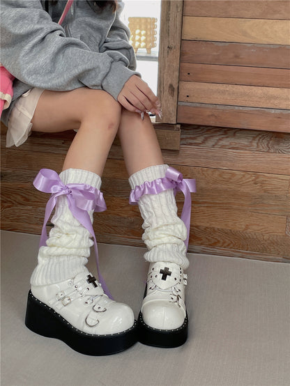 LET ME SEE - Kawaii Satin Ribbon Bow Leg Warmers leg warmmers let me see White Leg Warmers with Purple Ribbon