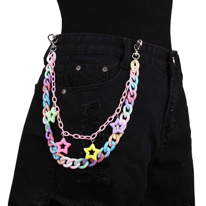 Dopamine Color Star Chain Pants Chain chain really cute Metal Clasp Star Double-layer Pink Chain