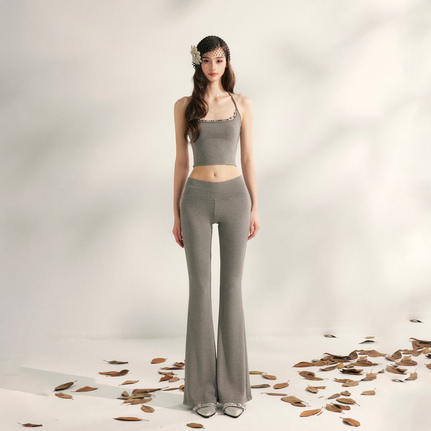 YZZI HE - Lazy Weekend Beaded Knit Two-Piece Set set YZZI HE Grey Pants S