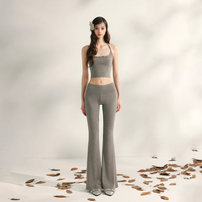 YZZI HE - Lazy Weekend Beaded Knit Two-Piece Set set YZZI HE Grey Pants S