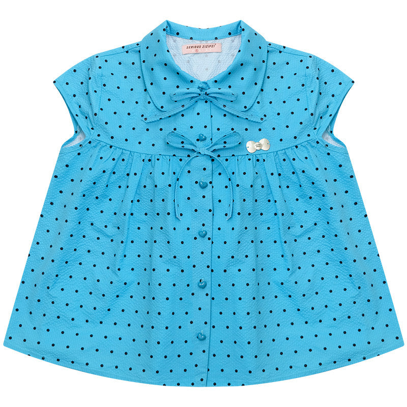 ziziFei - Blue Polka Dot Bow Doll Collar Shirt blouse ziziFei S