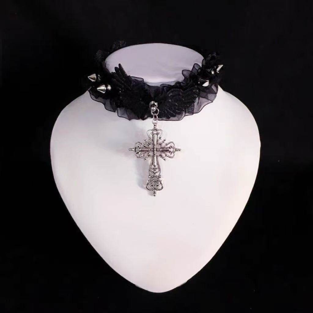 Lace Gothic Cross Wing Choker necklace really cute Black