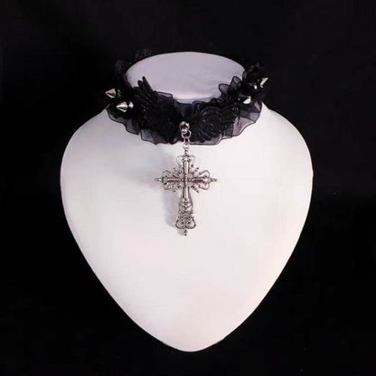 Lace Gothic Cross Wing Choker necklace really cute Black